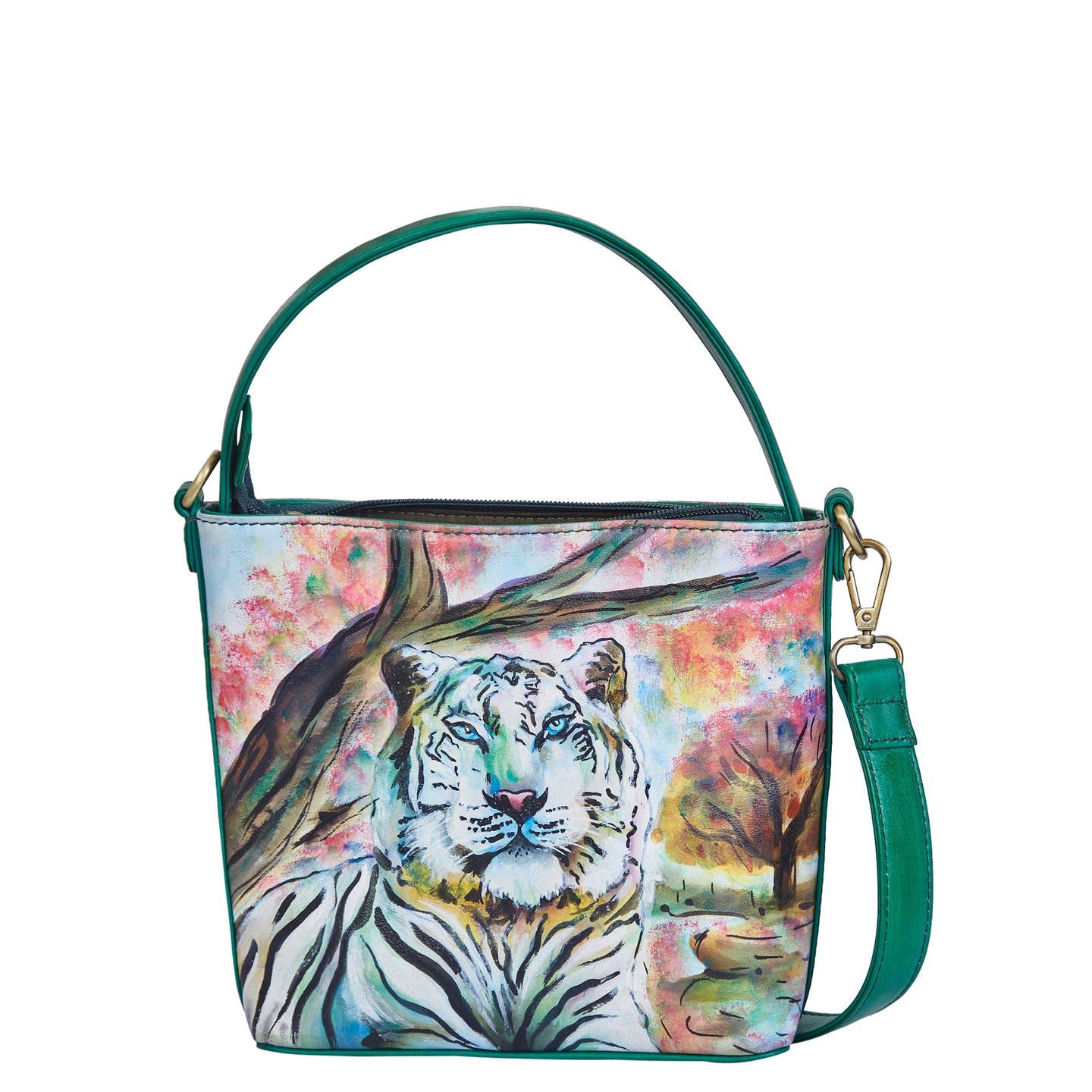 Sishka Hand-Painted Leather Satchel Bag – Majestic Tiger Art, Stylish Shoulder Purse with Detachable Strap.